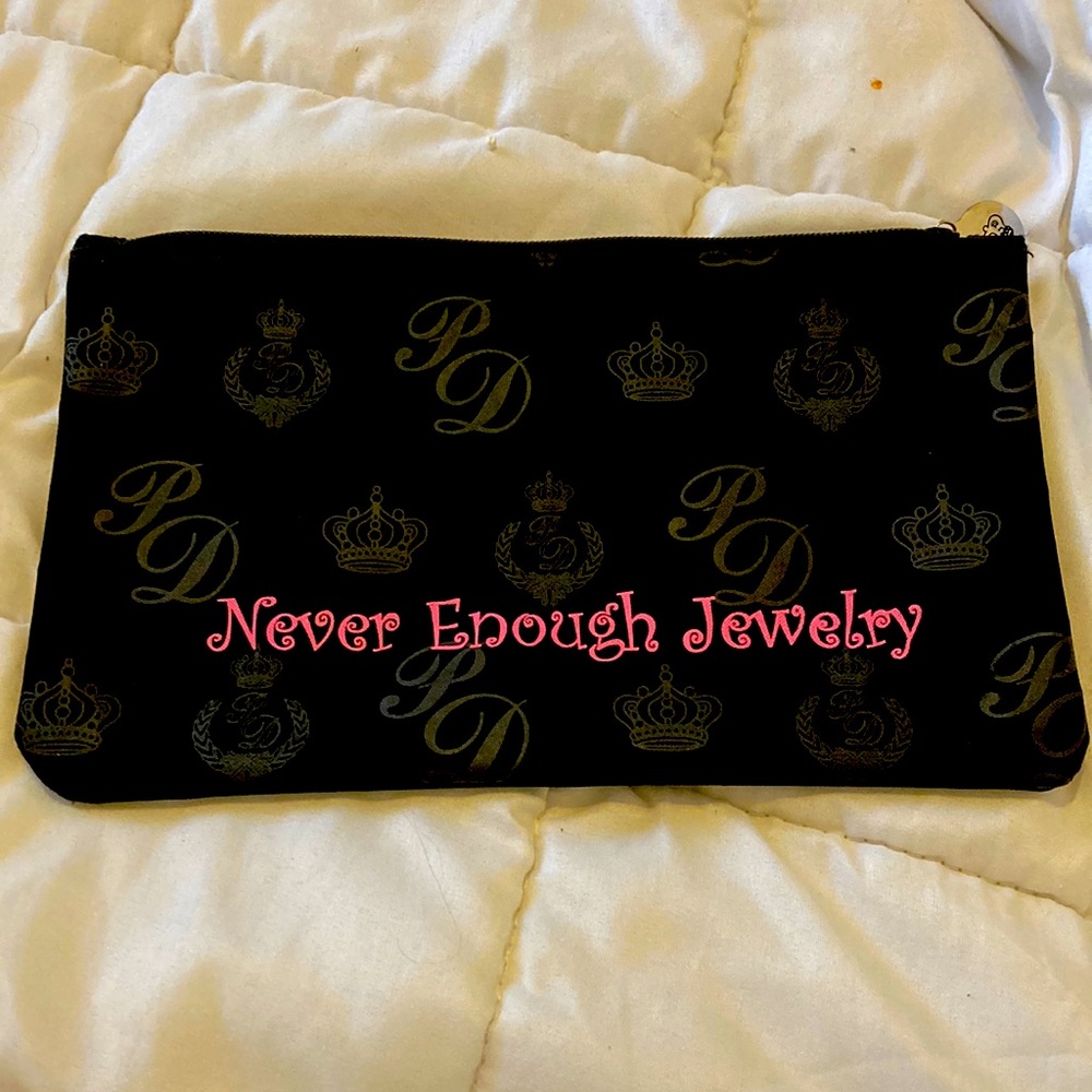 “Never Enough Jewelry” Large Jewelry or Cosmetic Zippered Bag, Case Black Pink